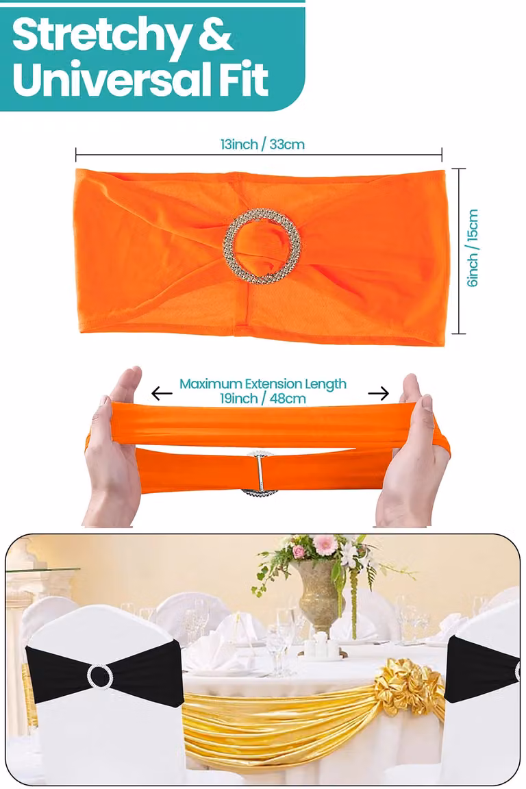 Neel Blue Orange Spandex Chair Bands with Slider Buckle, 10-Piece Set of Stretchy Elastic Chair Sashes