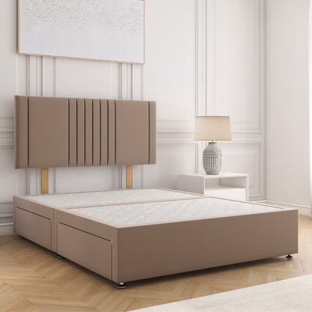 BSSPOKE Monaco Plush Divan Bed in Bronze with 24 inch Headboard, 2 Drawers and Footend, Super King Size, W/D/H: 200 x 200 x 30.48 cm