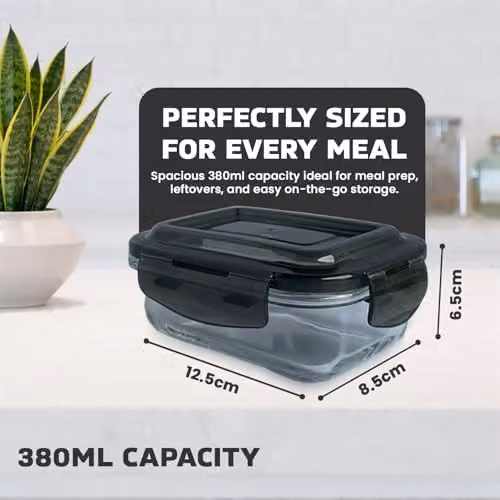 MantraRaj Airtight Glass Food Storage Container with Leakproof Plastic Lid, Transparent, 380ml – 2