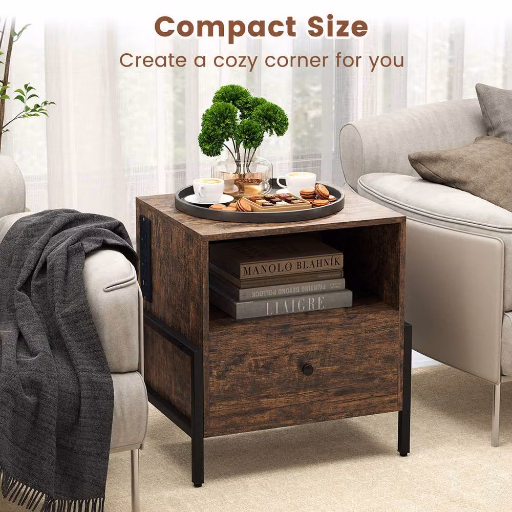 Costway 3-Tier Bedside Table with Drawer and Open Storage Shelf in Brown – 4