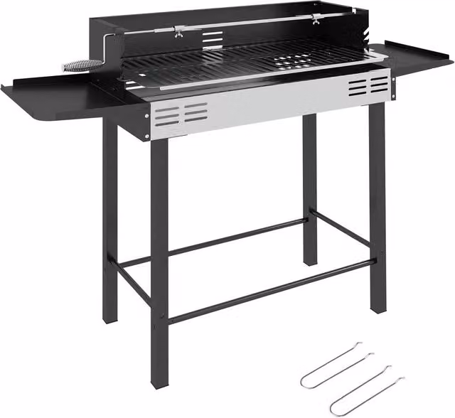 Rolipo Black Charcoal BBQ Rotisserie Grill Roaster with Side Shelves and Cart