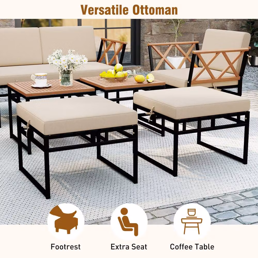 Costway 7 Piece L-Shape Outdoor Conversation Set with Metal Frame and Beige Upholstered Cushions – 7