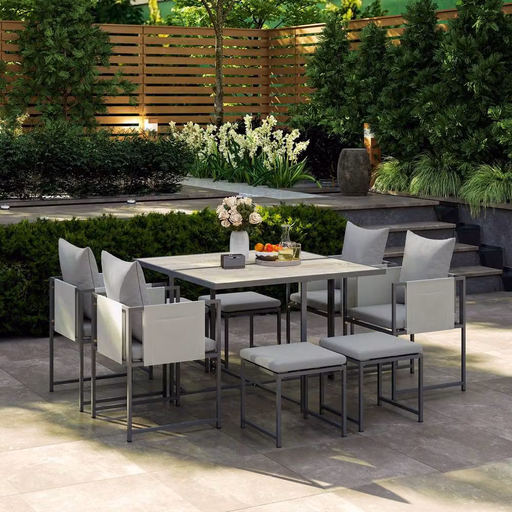 STILVORA Nine-Piece Modern Outdoor Dining Set with Powder Coated Steel Frame in Grey – 3