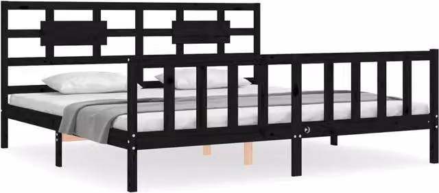 Berkfield Home Solid Wood Bed Frame with Headboard in Black, 200 x 200 cm