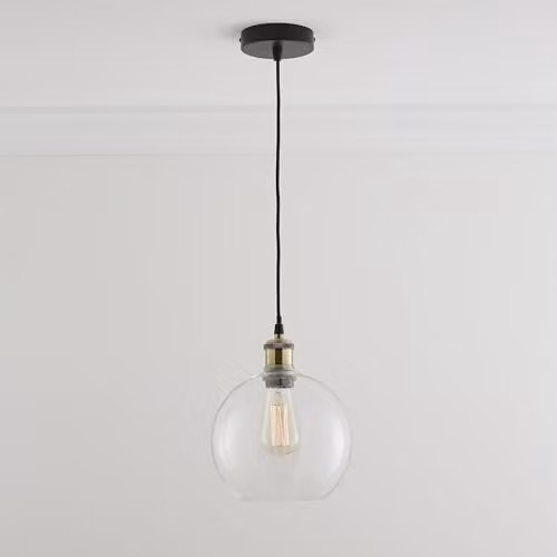 K LIVING Antonio Hanging Glass Sphere Pendant Light in Transparent and Brass with Included LED Filament Bulb