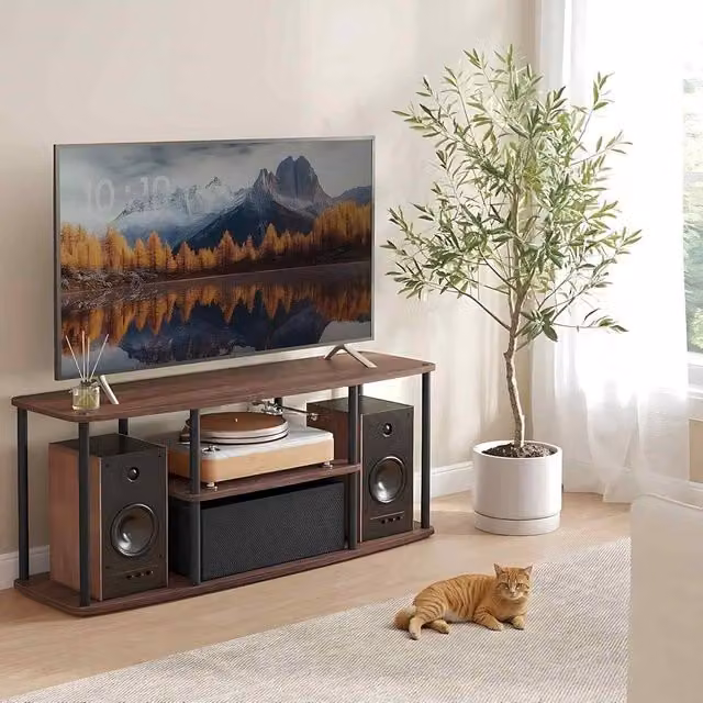 The Bazaarist Modern TV Stand with Shelves in Walnut and Black – 1