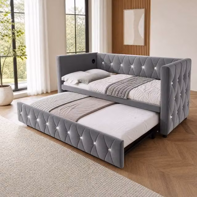STILVORA Grey Velvet Upholstered Single Bed Frame with USB Charging Port, W/D/H: 90 x 190 x 76 cm – 1