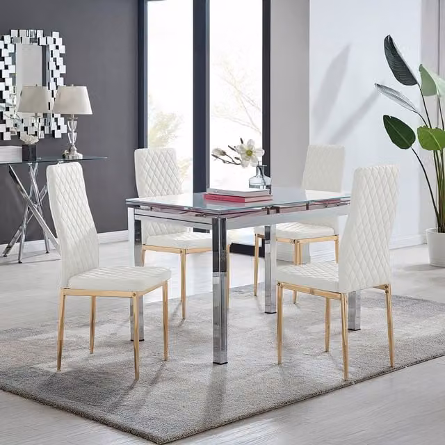 FurnitureboxUK Enna White Glass Extending Rectangular Dining Table and 4 Gold Leg Milan Chairs