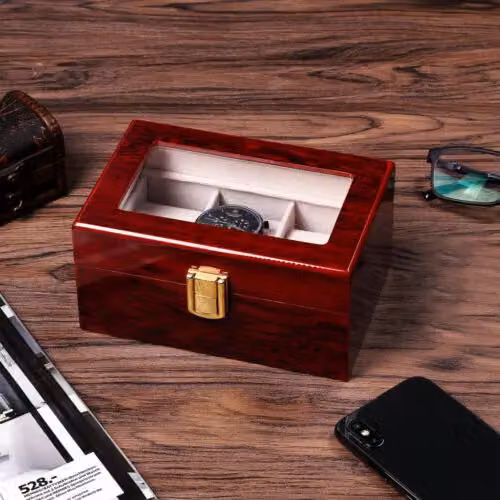 Xample Red Leather Watch Display Case and Jewelry Collection Storage Organizer Box with Wood and Glass Lid – 3