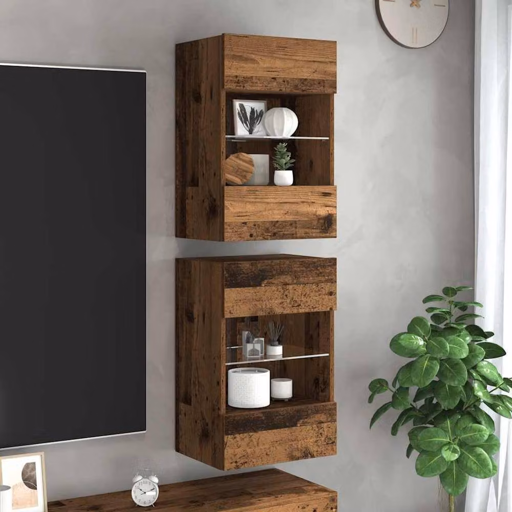 Berkfield Home Set of 2 Modern Wall Mounted TV Cabinets with Integrated LED Lighting and Internal Shelves, Brown, W/D/H: 40 x 30 x 60 cm – 2