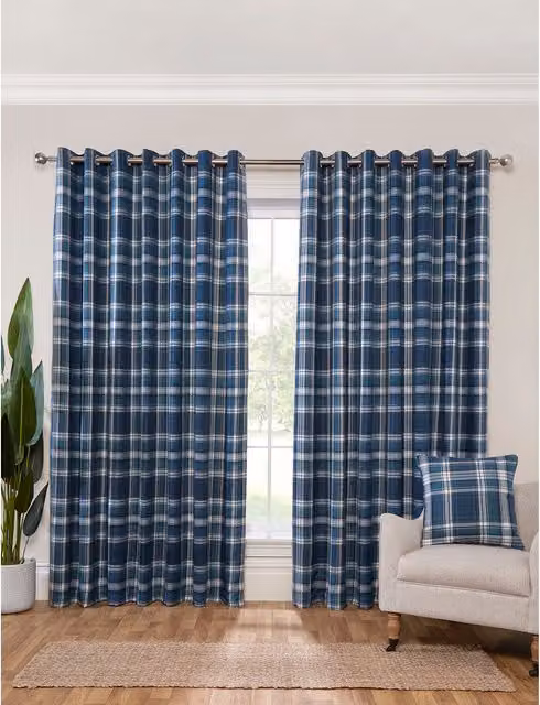 DIVANTE Classic Checked Blackout Curtain in Blue and Black, W: 137 cm, H: 168 cm