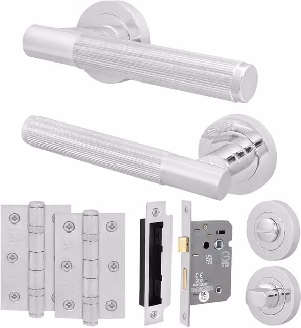 AFIT Polished Chrome Bathroom Door Handle Set with Lock and Hinges in Silver – 1