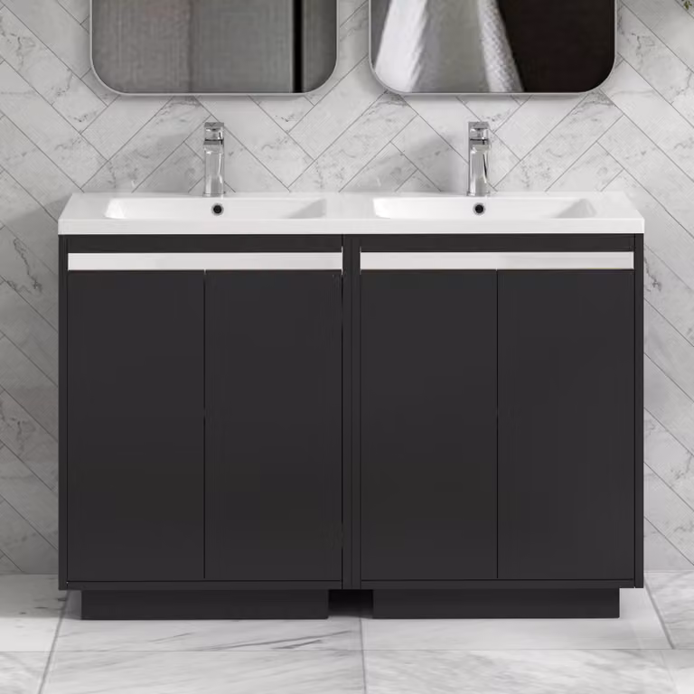 Royal Bathrooms Orion 1200 Matt Obsidian Black 4 Door Floor Standing Vanity Unit with Ceramic Basin and Chrome Accent Trim