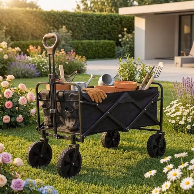 Alivio Heavy-Duty Folding Wagon Cart Collapsible Steel Trolley with Adjustable Handle in Black – 1