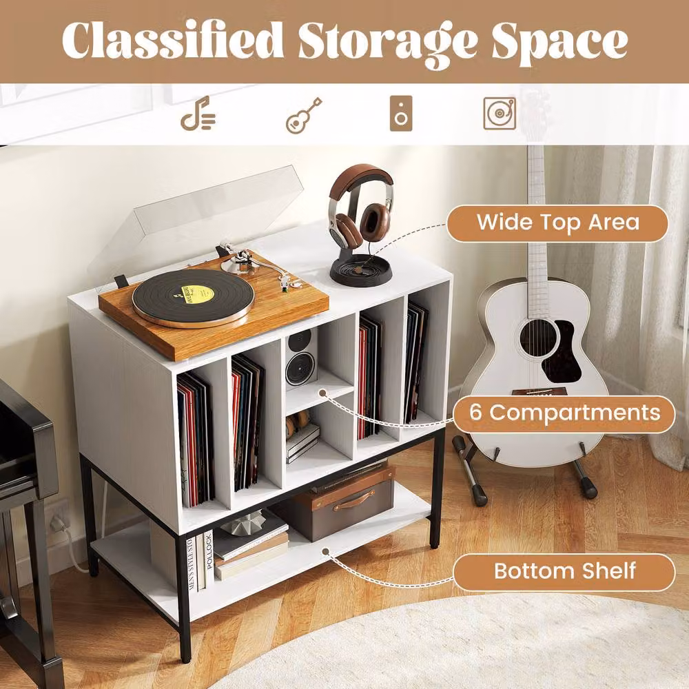 Costway Modern White Record Player Stand and Turntable Table with Integrated Charging Station – 4