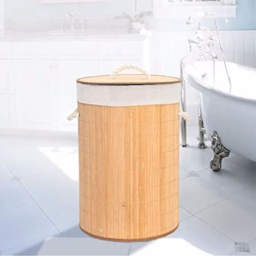 MantraRaj Natural Bamboo Laundry Hamper Basket with Removable Bag and Lid, Beige, W: 35.0 cm, D: 35.0 cm, H: 50.0 cm – 1