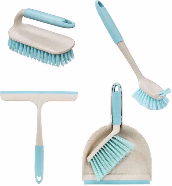 JVL Pro Anti-Bac Cleaning Essentials Bundle in Blue and Grey including Mini Dustpan, Scrubbing Brush, Dish Brush and Window Squeegee – 1