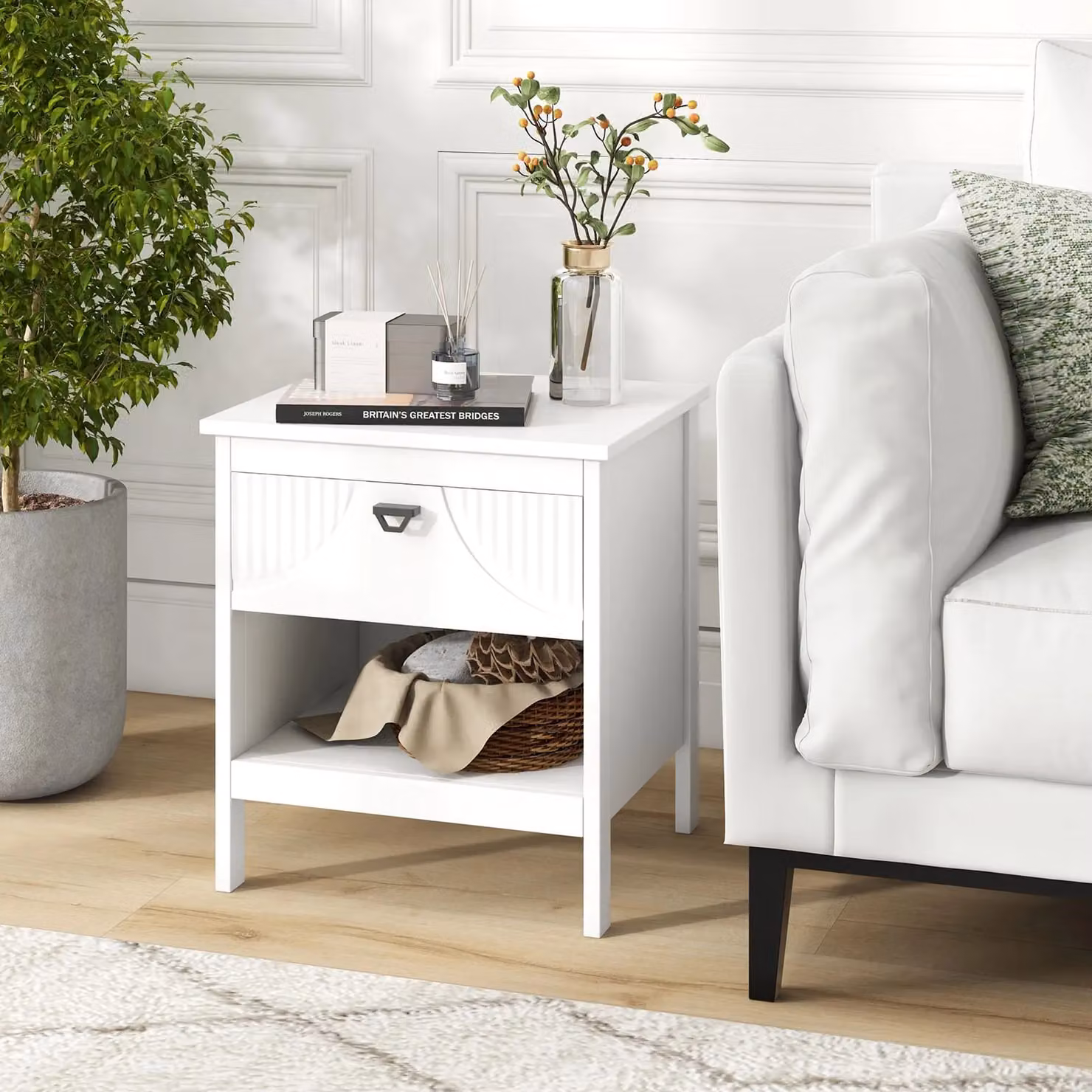 Gymax 2-Tier Wooden End Table with Drawer and Open Shelf in White – 2