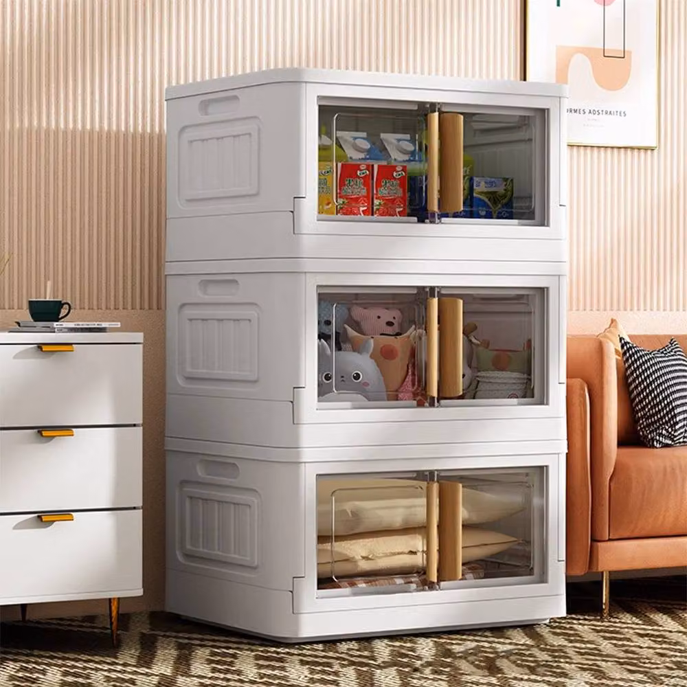 SPETLEK 3-Piece Stackable and Foldable Plastic Clothes Organiser in White and Transparent, Large – 2