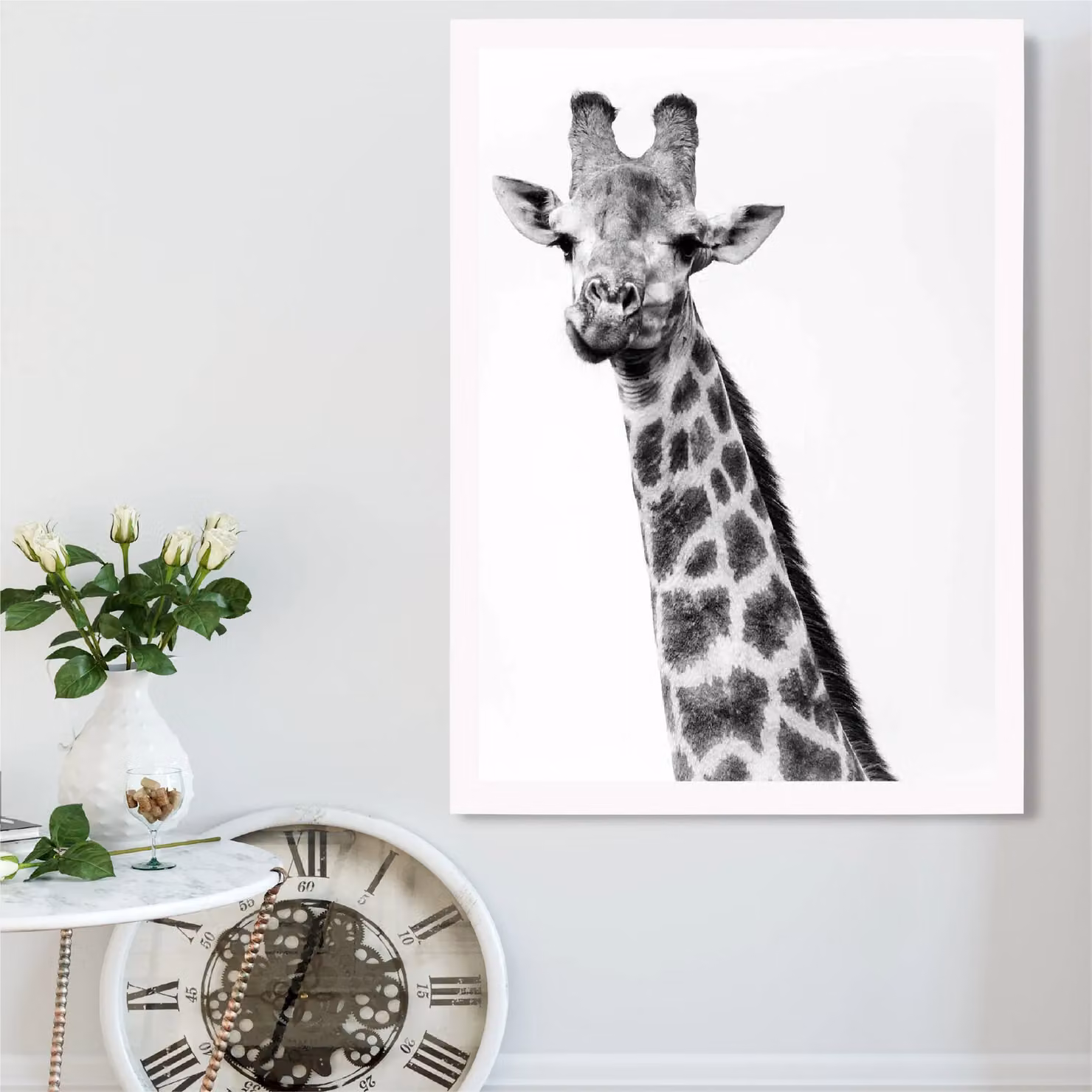 ARTZE Cheeky Giraffe Animal Black and White Photo Framed Print with White Frame, A2 – 2