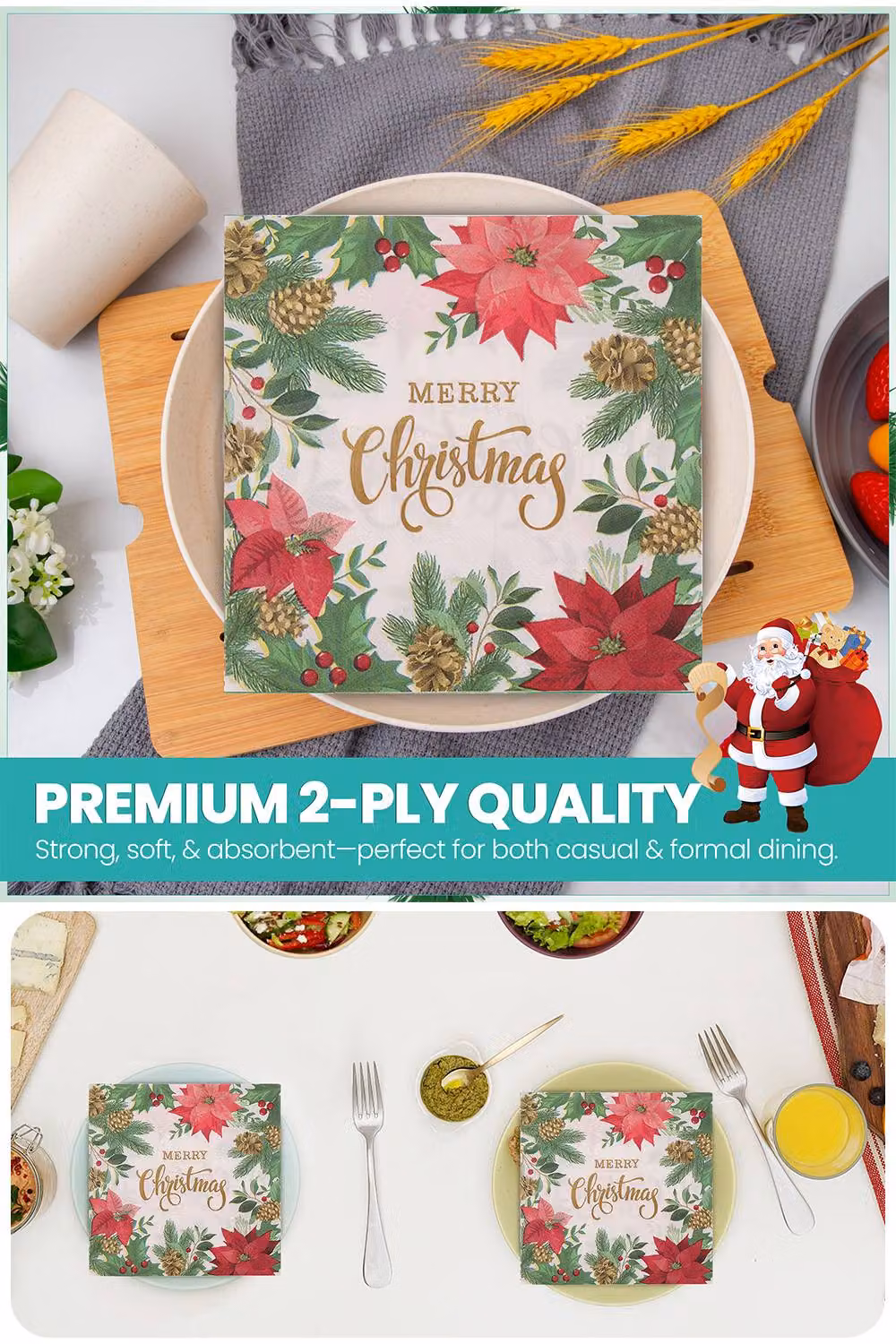 Neel Blue Christmas Disposable Paper Napkins with Reindeer, Flower and Leaves, 20 Pack, 33 cm – 3
