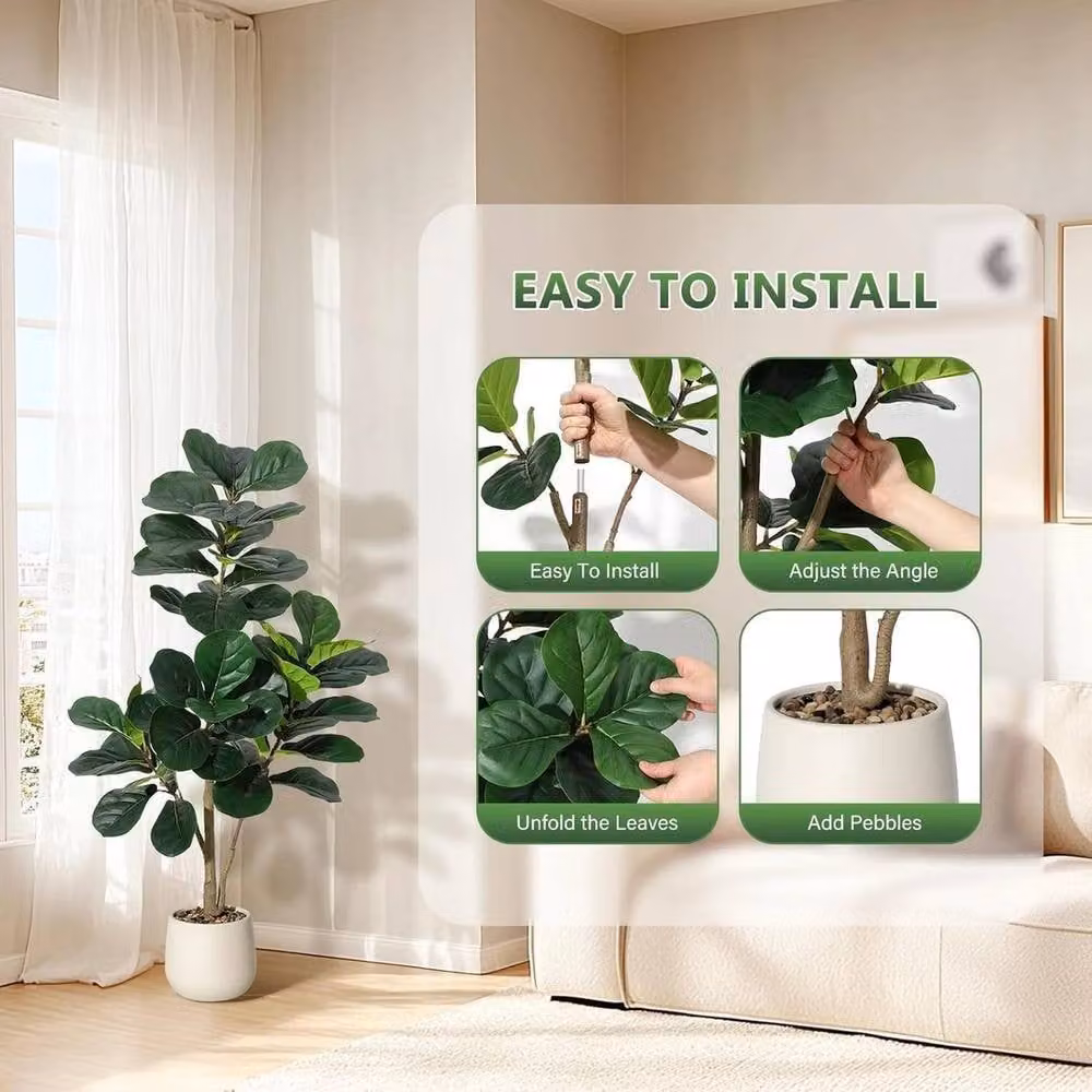 VOGREX 4ft Fiddle Leaf Fig Artificial Ficus Lyrata Tree in Green, Grey and Brown – 6