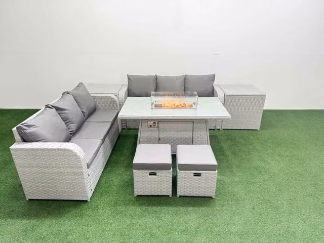Fimous 8 Seater Grey Wicker Rattan Garden Furniture Set with Firepit Dining Table, High Back Lounge Sofas, Stools and 2 Side Tables