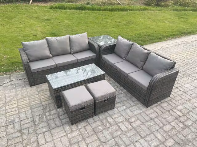 Fimous Rattan Garden Lounge Sofa Set with Rectangular Coffee Table and 2 Small Footstools, Dark Grey Mixed