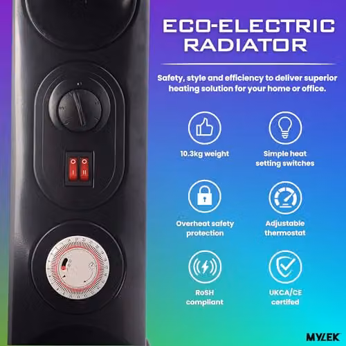 MYLEK 2kW Oil Filled Radiator Heater, Portable Freestanding Electric Heater in Black with Thermostat and 24hr Timer – 3