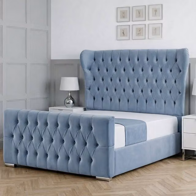Living Comfort Bedz Velvetine Plush Velvet Upholstered Bed with Slatted Base and 48 Inch Headboard in Light Blue, Size: Double (W: 140 cm, D: 200 cm)