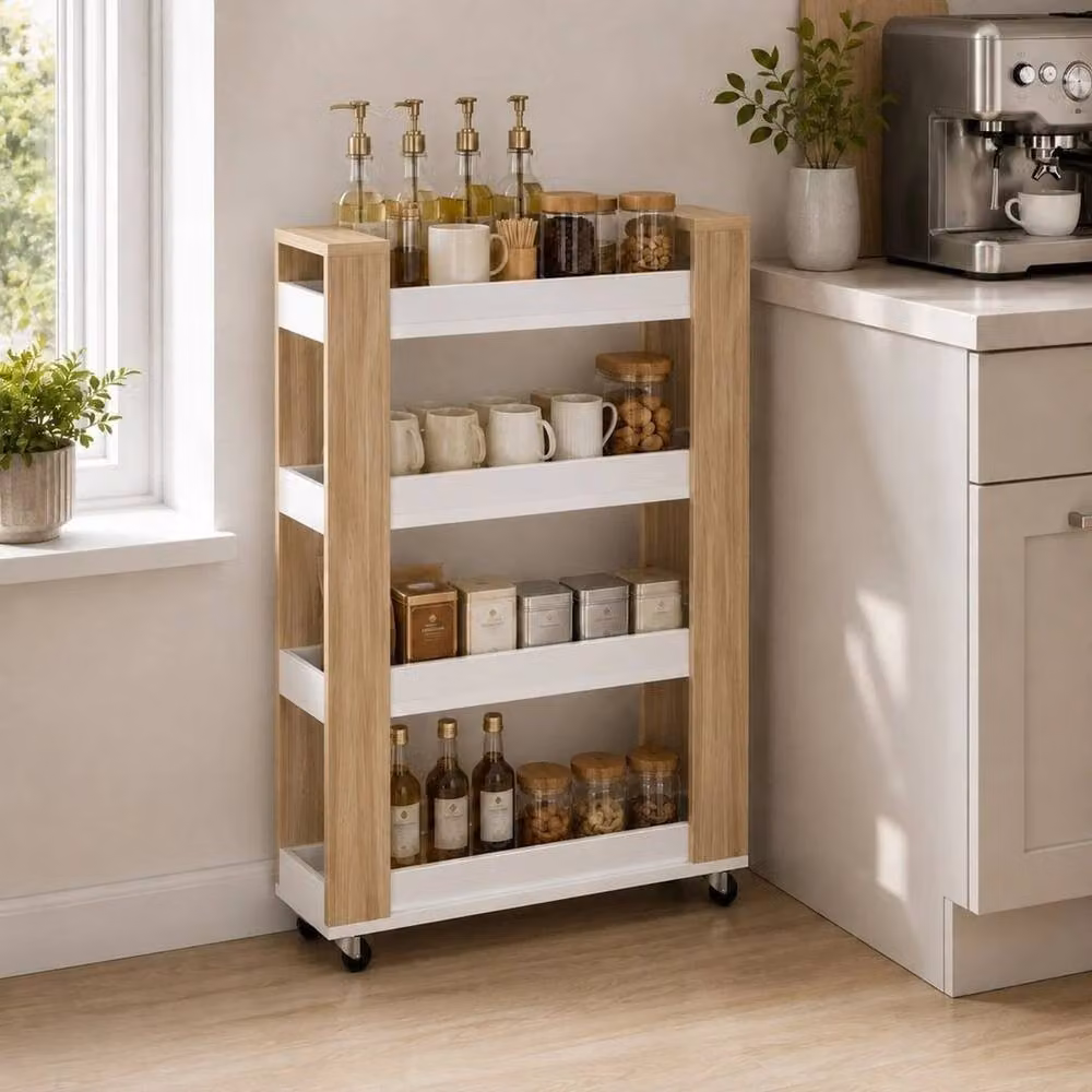 PAWNORA 4 Tier Kitchen Storage Trolley Cart in Light Oak and White – 3