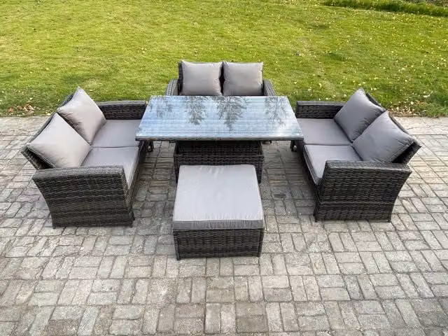 Fimous 7 Seater Rattan Wicker Garden Furniture Set with Height Adjustable Lifting Table and Footstool in Dark Grey