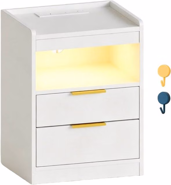 Ventryn Mondeer White Glossy LED Bedside Table with Hidden Drawer and Integrated Lighting