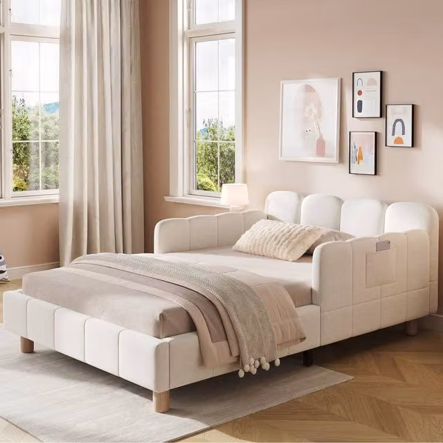 Merax Velvet Single Corner Daybed in Beige with Side Storage Pockets, W/D/H: 190 x 90 x 28 cm