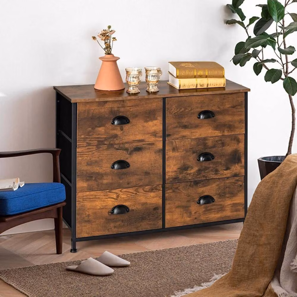 Kelvenix 6 Drawer Dresser Organiser in Brown with 2-Tier Fabric Storage and Metal Frame – 3