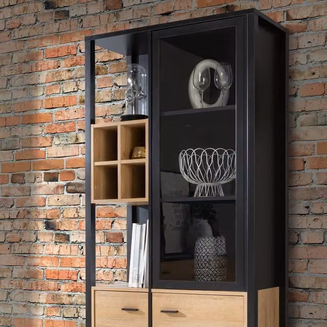 Furniture To Go High Rock Industrial Display Cabinet in Matt Black and Riviera Oak with Glass Doors