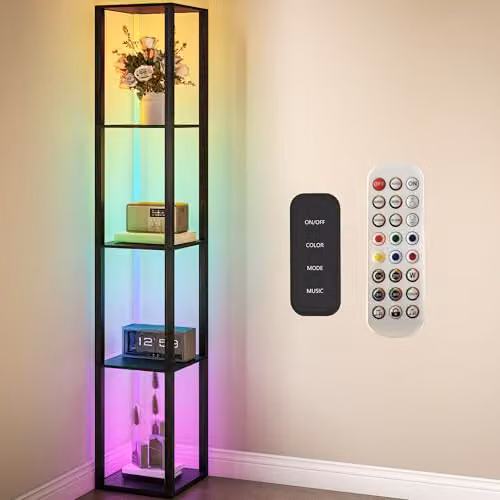 HOMCOM RGB LED Floor Lamp with Shelves and Remote Control, Black