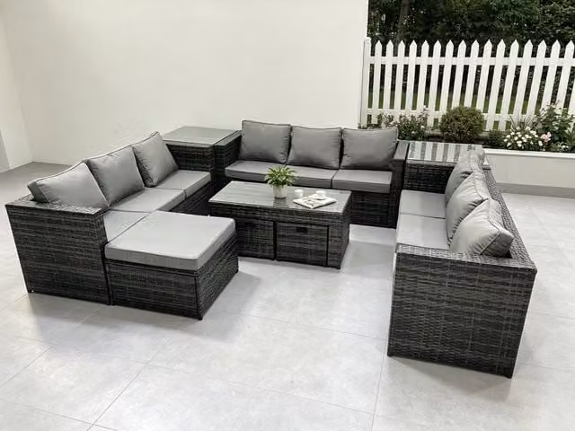 Fimous Rattan Garden Furniture Lounge Set in Dark Grey with 3-Seater Sofa, Rectangular Coffee Table and Ottoman – 1