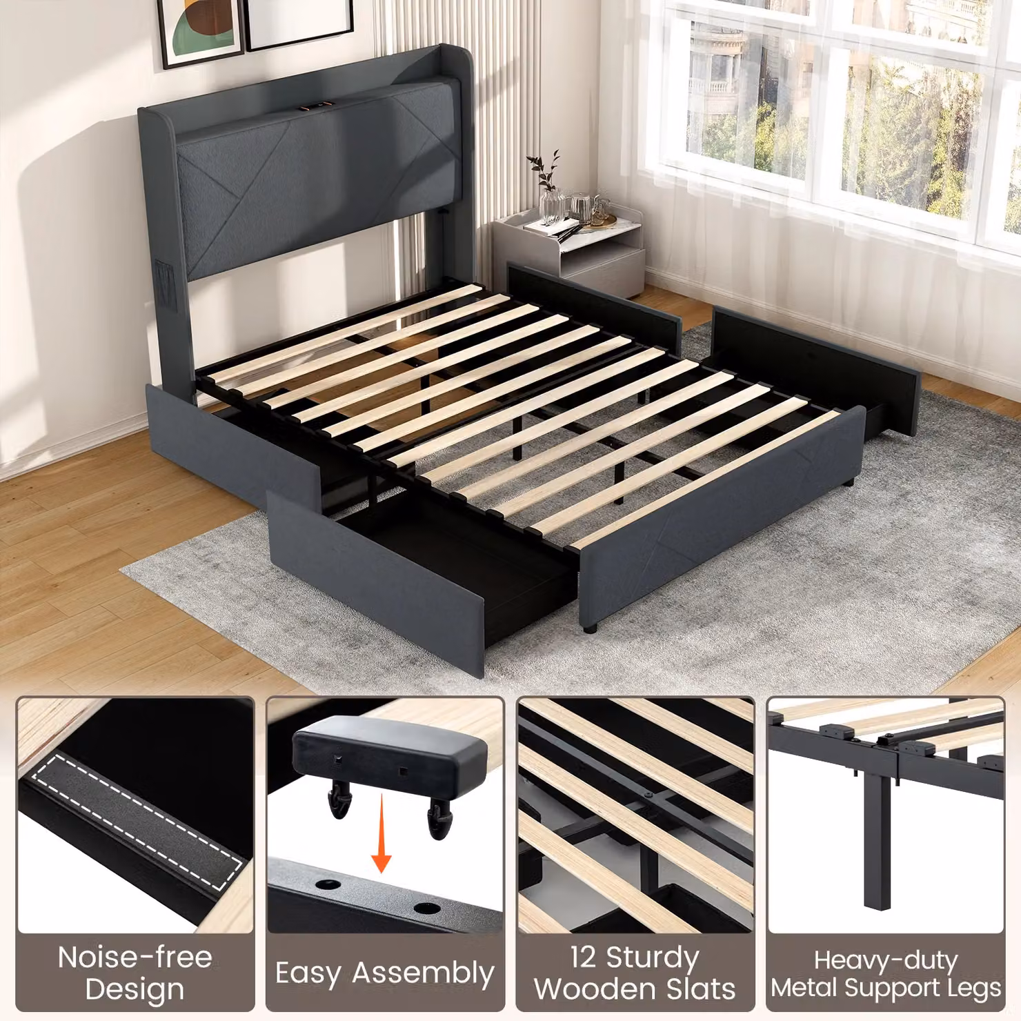 Gymax Double Size Upholstered Platform Bed Frame in Grey with LED Under-Bed Lighting, USB Charging Ports and Storage Drawers, W/D/H: 140 x 200 cm – 7
