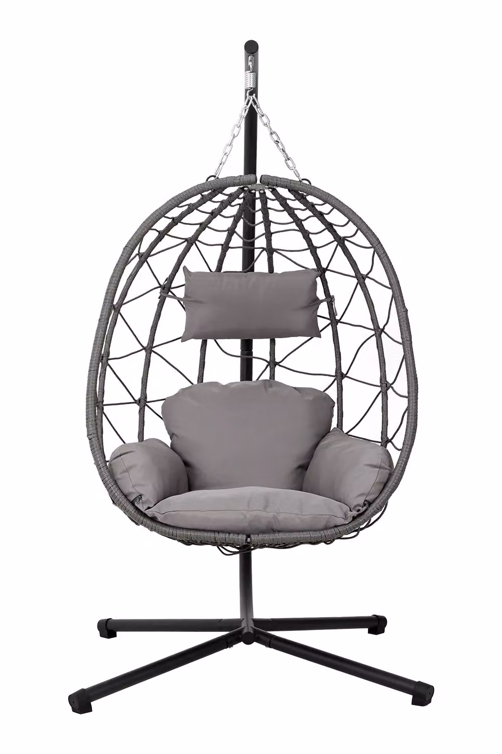 Garden Sanctuary Grey Rattan Egg-Shaped Freestanding Hanging Chair with Stand and Cushion – 2