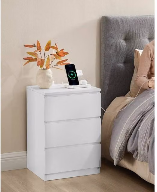 EONLION White Bedside Table with Charging Station and Media Compartments – 1