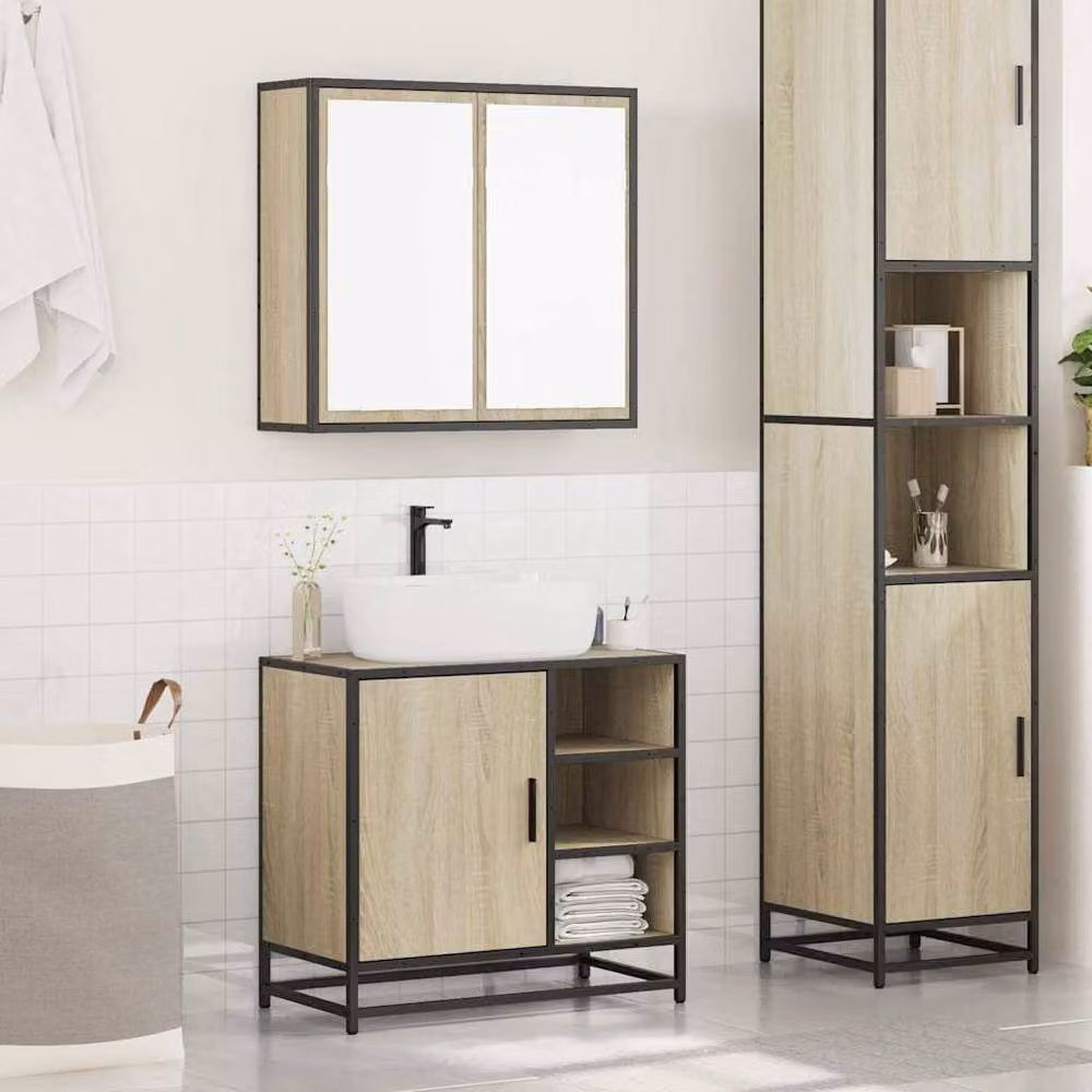 Berkfield Home 2 Piece Industrial Bathroom Furniture Set in Sonoma Oak Brown, featuring a Vanity Unit and Mirror Cabinet – 3