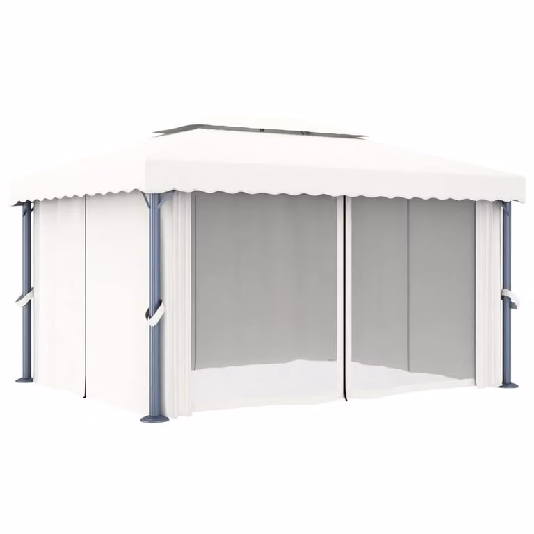 Berkfield Home Gazebo with Curtains and LED String Lights, Cream White and Beige, W: 4 m, D: 3 m