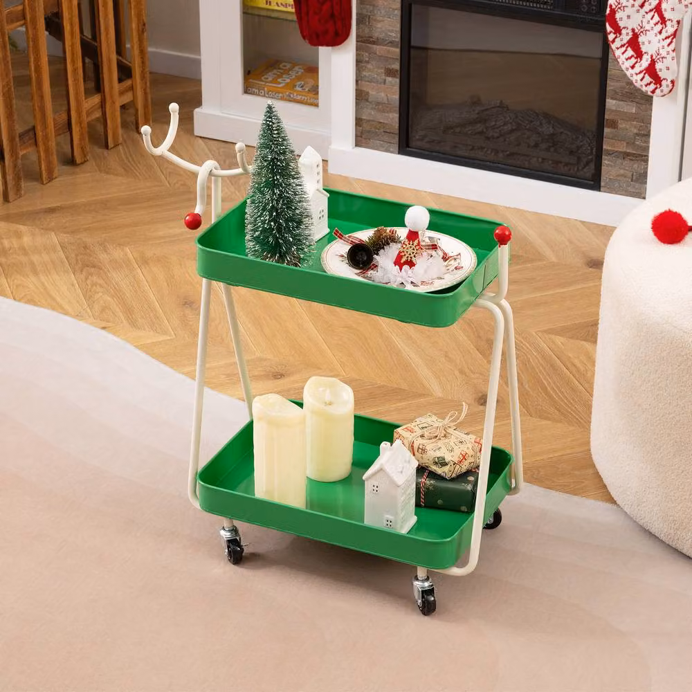 Gymax 2-Tier Reindeer Christmas Rolling Cart Side Table in Green – 2