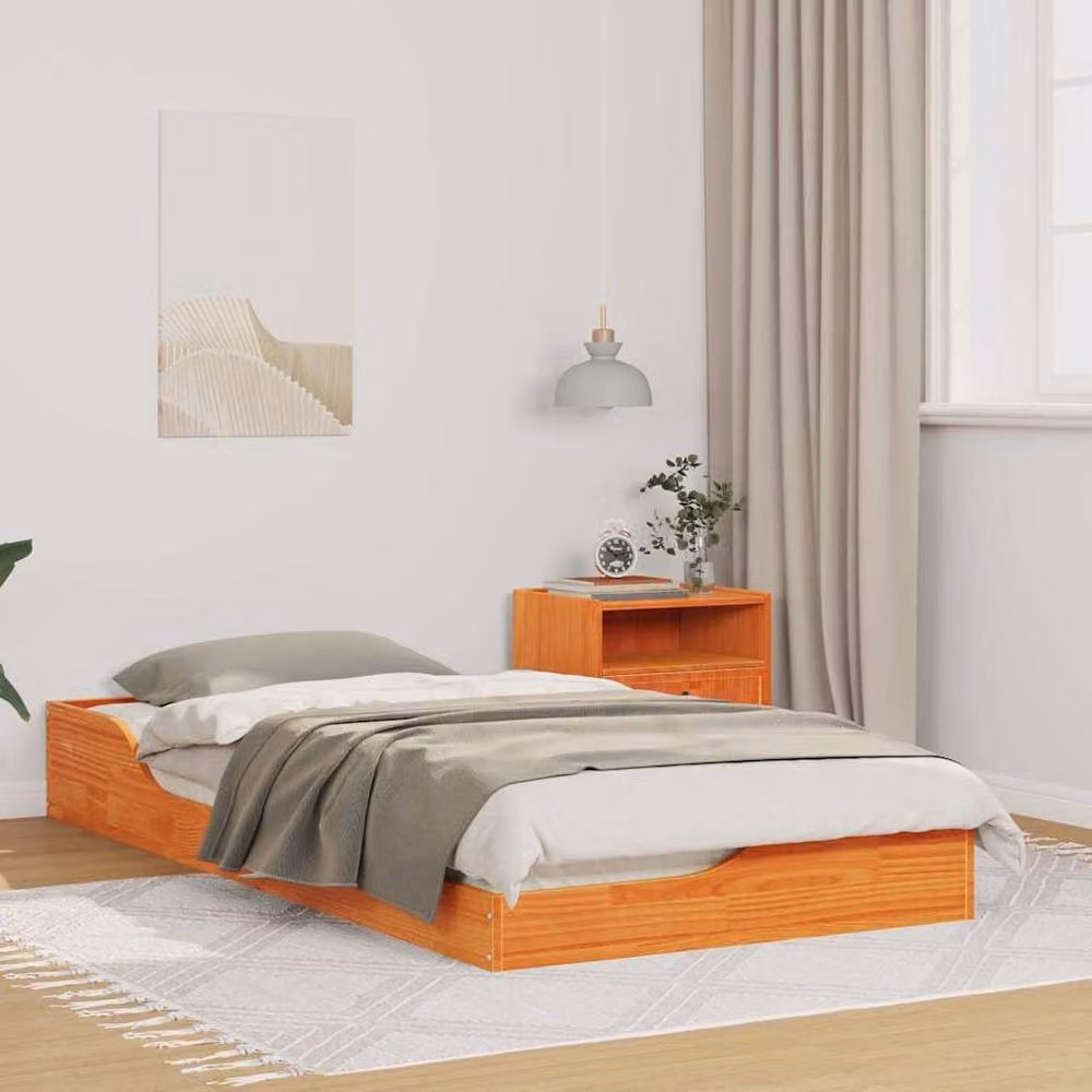 Berkfield Home Modern Floor Bed Frame in Waxed Brown and Orange Solid Pine Wood, W: 75 cm, L: 190 cm – 2