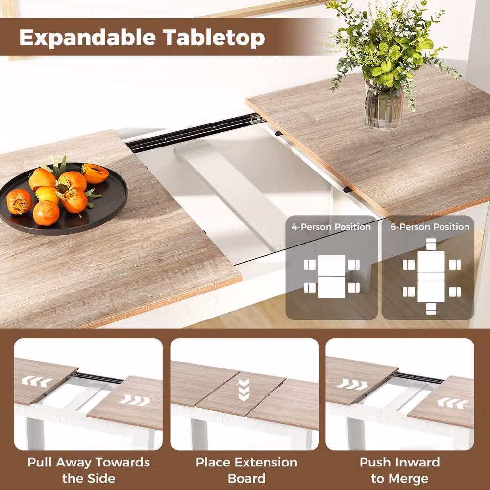 Costway Extendable Modern Wooden Rectangular Dining Table in White, W/D/H: 120-158 x 70 x 76 cm – 5
