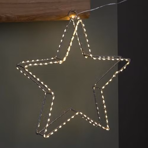 Samuel Alexander Grey and White Metal Dewdrop Christmas Star Decoration with Warm White LEDs, Height: 38 cm