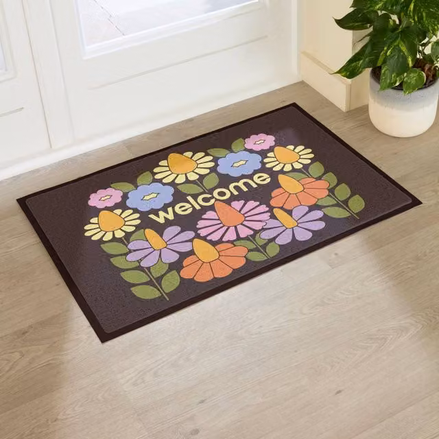 Artsy Mats Elizabeth Olwen Welcome Floral Indoor/Outdoor Doormat, Brown and Multicolour, W: 90 cm, D: 60 cm – 1
