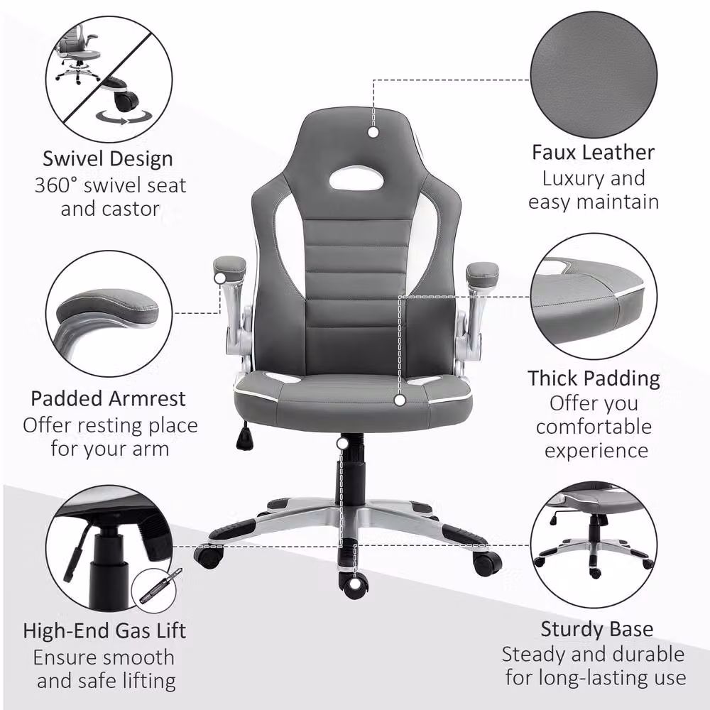 ERGOVEXA Grey Synthetic Leather Gaming Chair with Height Adjustment and Headrest – 5