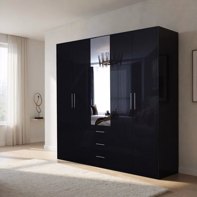 Swindon Gloss Black 5 Door 200cm Wardrobe with Mirror and Integrated Drawers